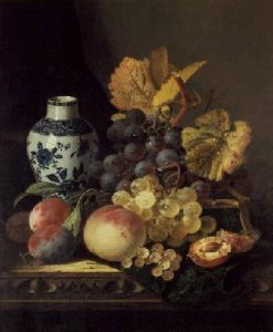 A Still Life of a Birds Nest Grapes in a Silver Dish and other Fruit