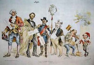 Cartoon depicting The Sliding Scale in political status in the USA featured in Judge