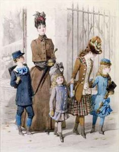 Mother and children in walking dress